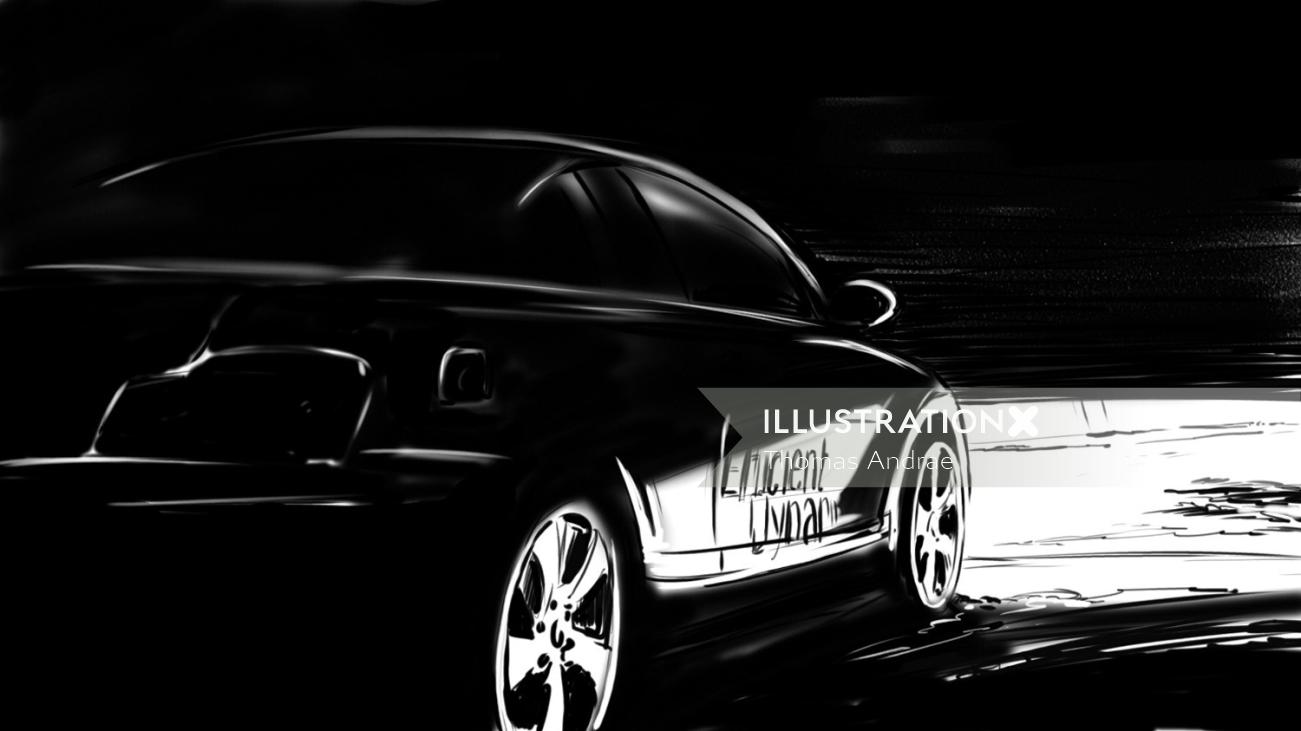 Thomas Andrae-アニメーションイラスト、黒い車が動いている、真っ暗