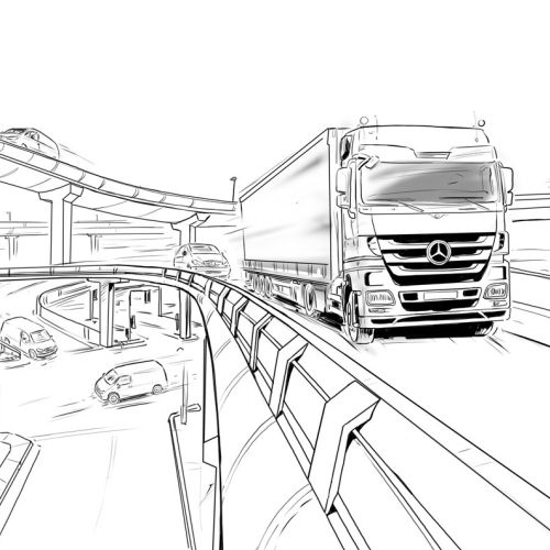 Line drawing of heavy truck on fly over