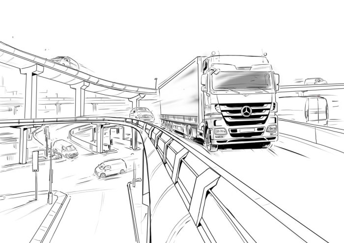 Line drawing of heavy truck on fly over