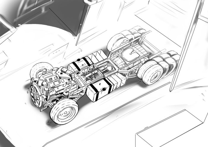 car with wheels from the top view, 4 wheels around, line drawing of a vehicle