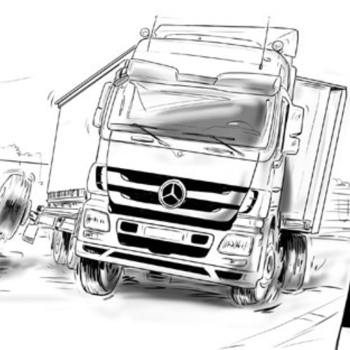 Truck on the road, safety bars on the highway, Mercedes symbol on the vechichle