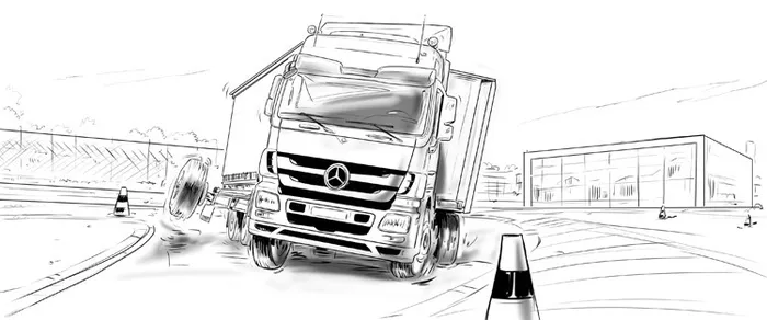 Truck on the road, safety bars on the highway, Mercedes symbol on the vechichle