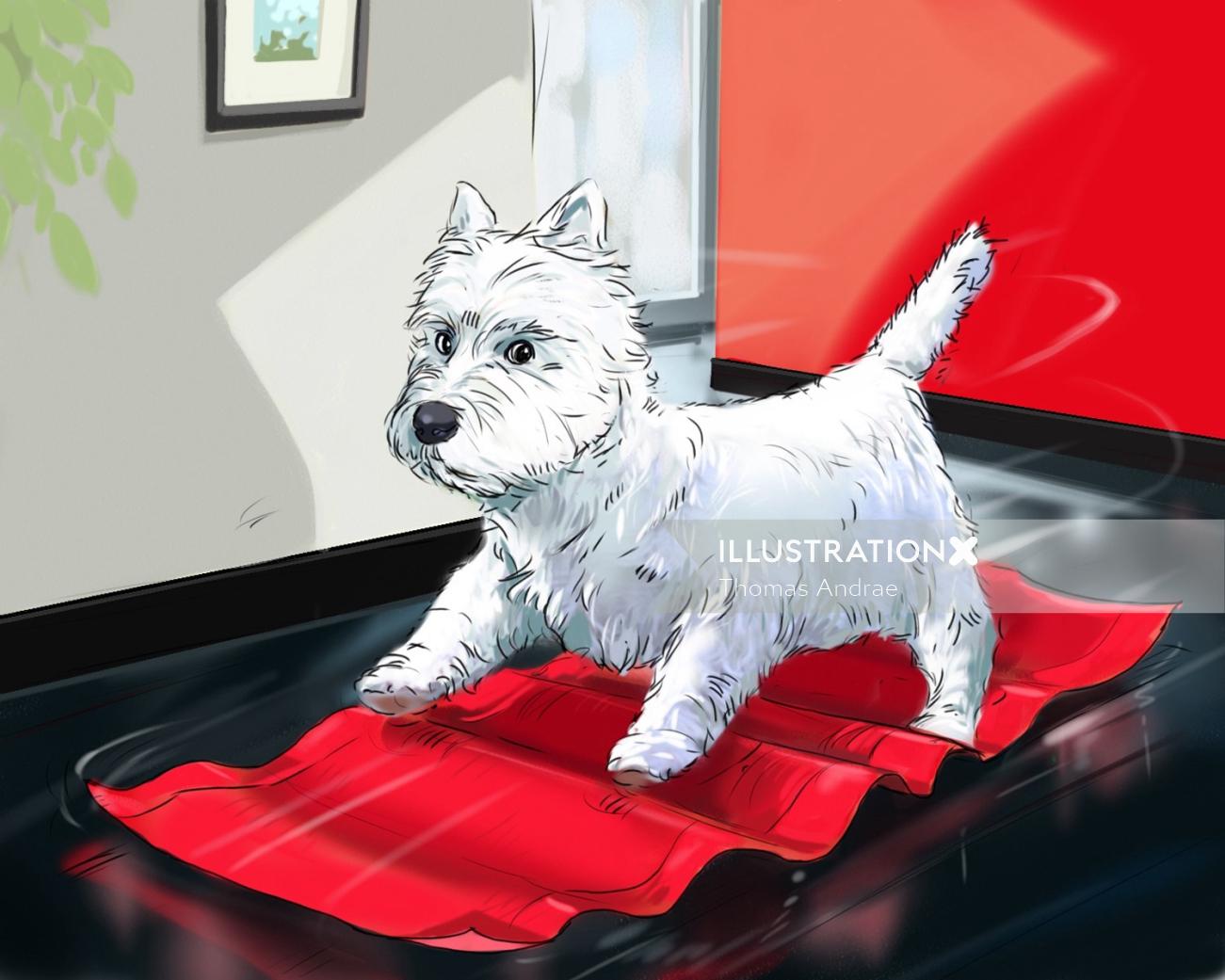 ドアマットの上の小さな犬、動物を押す強風、床の赤い布