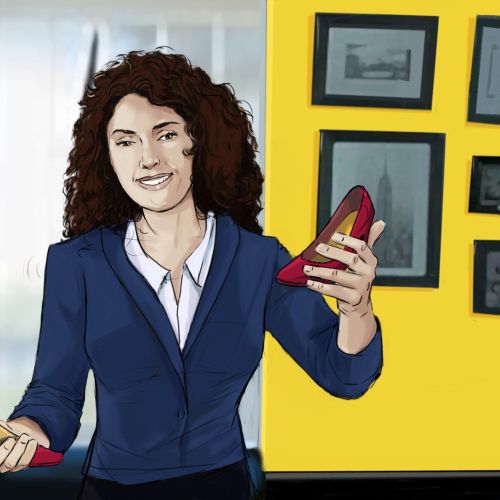 Women standing with red shoes in hand, corporate girl standing with smiley face, yellow color walls