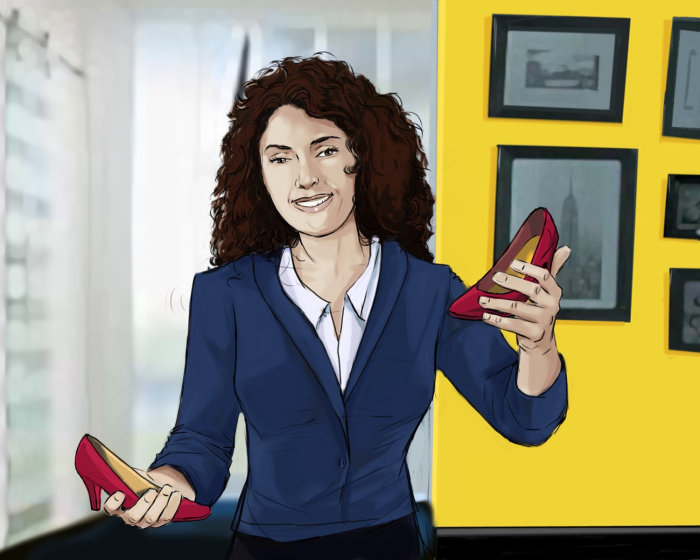 Women standing with red shoes in hand, corporate girl standing with smiley face, yellow color walls