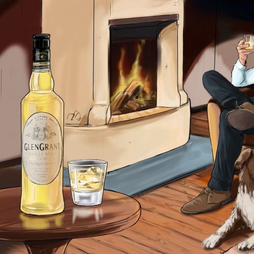 man sitting on a chair near fire, dog sitting on the ground, alcohol on the table