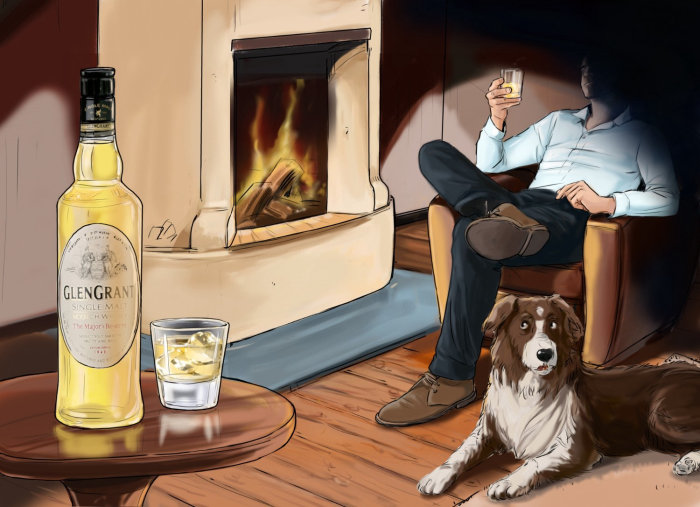 man sitting on a chair near fire, dog sitting on the ground, alcohol on the table