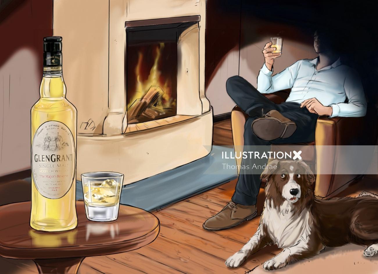 火のそばの椅子に座っている男、地面に座っている犬、テーブルの上のアルコール