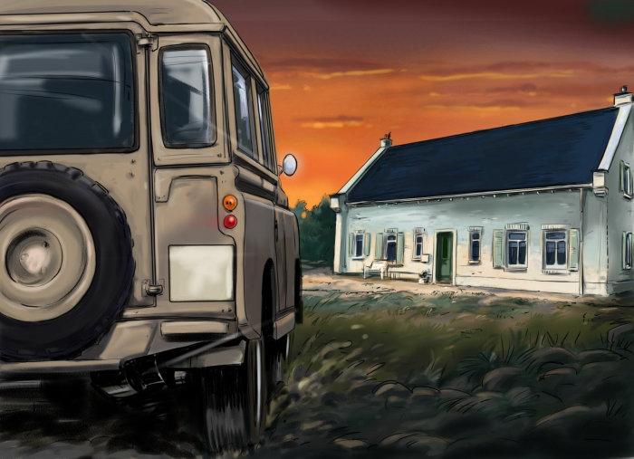vehichle on road, zeep travelling on grass, house in the farm, dark sky