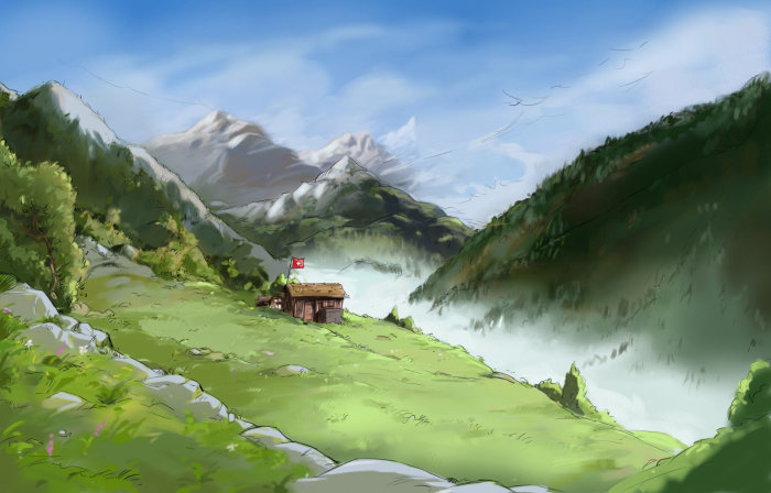 Belles collines avec ciel nuageux, petite maison sur une herbe verte verte, paysage avec montagnes