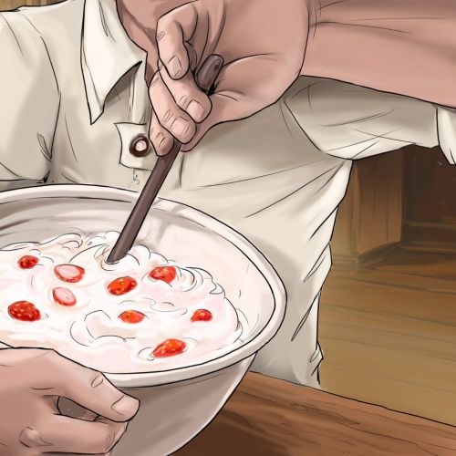 straw berry and milk mixing together, mans hand stirring the container, food preparation
