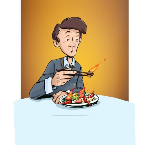 man eating food with fire on it, person looking strange at eatable, yellow background