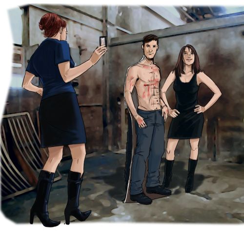 Man standing with bare chest, woman with hands on hips, Girl showing mobile