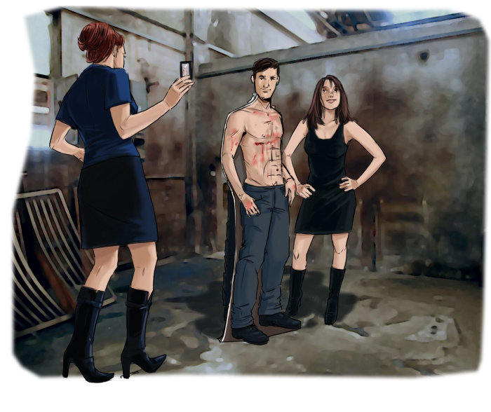 Man standing with bare chest, woman with hands on hips, Girl showing mobile