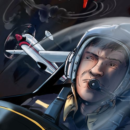 Man with head gear, aeroplane moving, fighter pilot in the sky