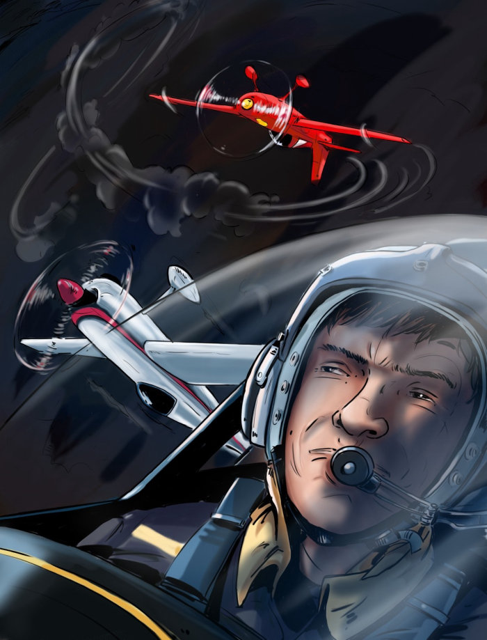 Man with head gear, aeroplane moving, fighter pilot in the sky