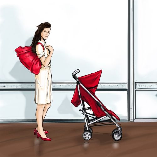 Girl with red bag standing, kid carrier in front, Women standing in lobby