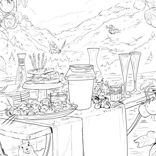 Line drawing of outdoor lunch party