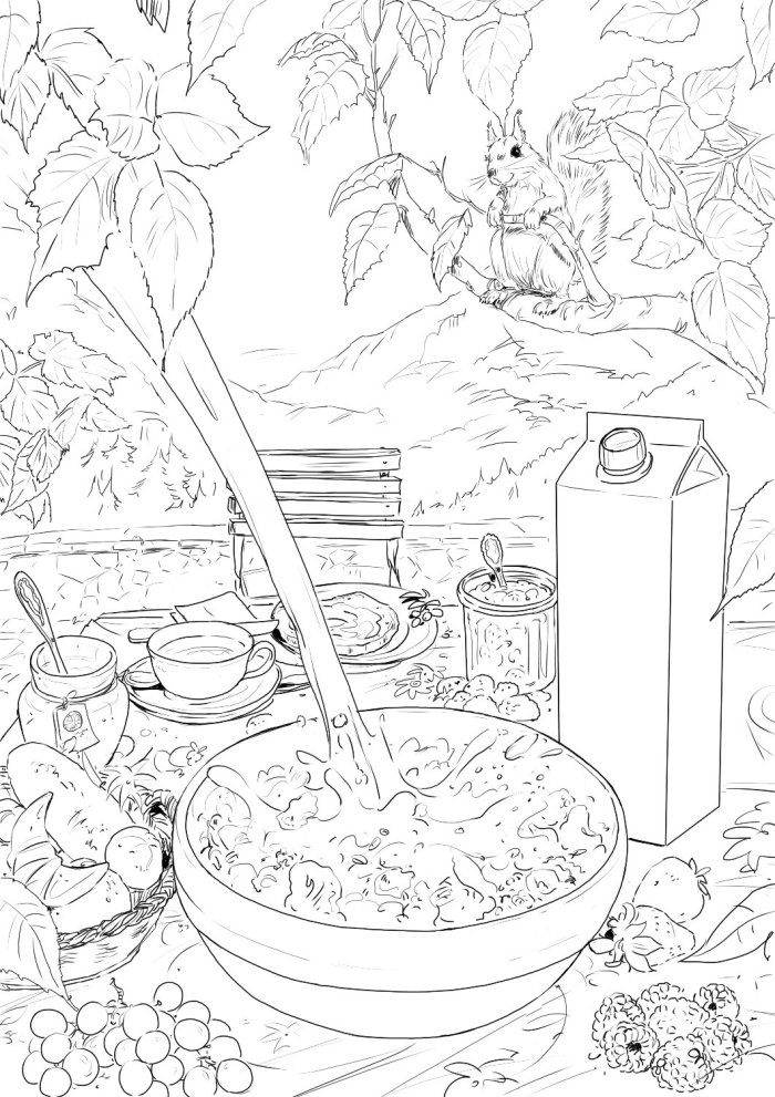 Line drawing of food and tree leaves, eatables on table