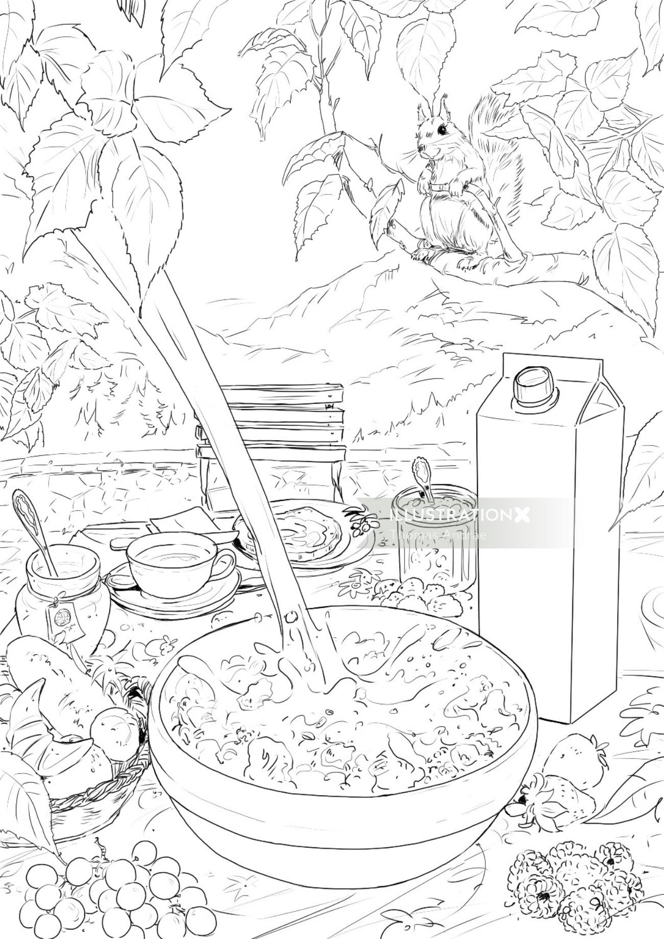 食べ物や木の葉、テーブルの上の食べられるものの線画
