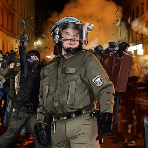 policeman standing with helmet on, people protesting in the background, fire smoke in the background