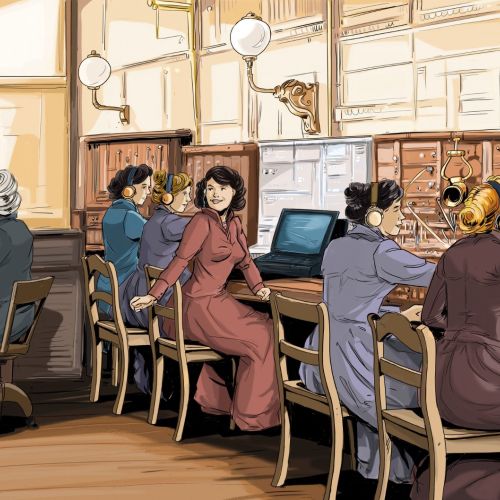 4 Girls working in front of the desk, Women with red dress turned back, Computers on the table