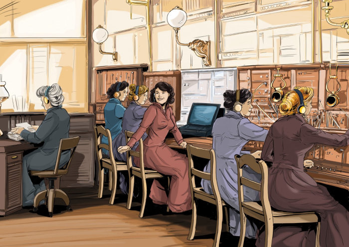 4 Girls working in front of the desk, Women with red dress turned back, Computers on the table