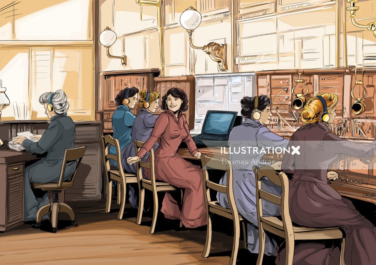 机の前で働く4人の女の子、赤いドレスを着た女性が引き返し、テーブルの上のコンピューター