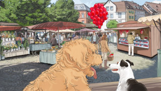街头市场里的金毛猎犬插图