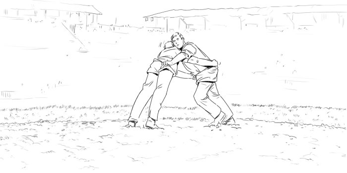human wrestling on the field, black and white lines drawn to create characters,