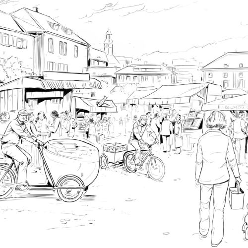 line drawing of street with people all around