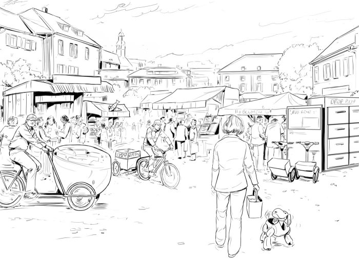 line drawing of street with people all around