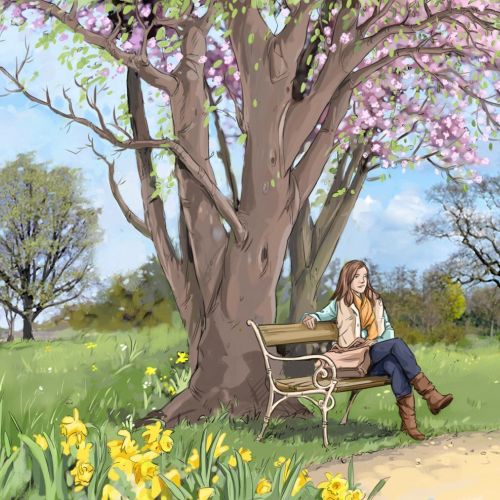beautiful scenery with tree and flowers, girl sitting on bench