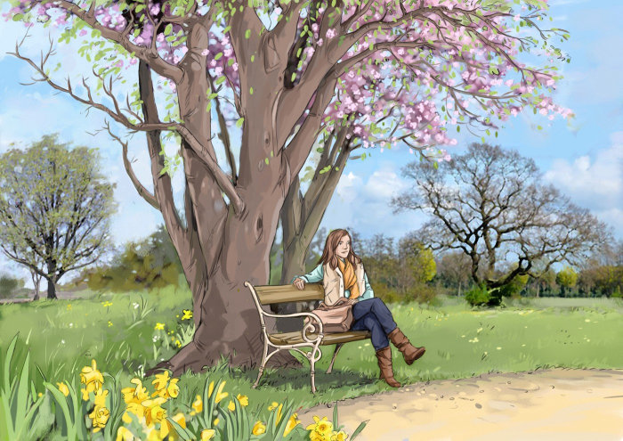 beau paysage avec arbre et fleurs, fille assise sur un banc
