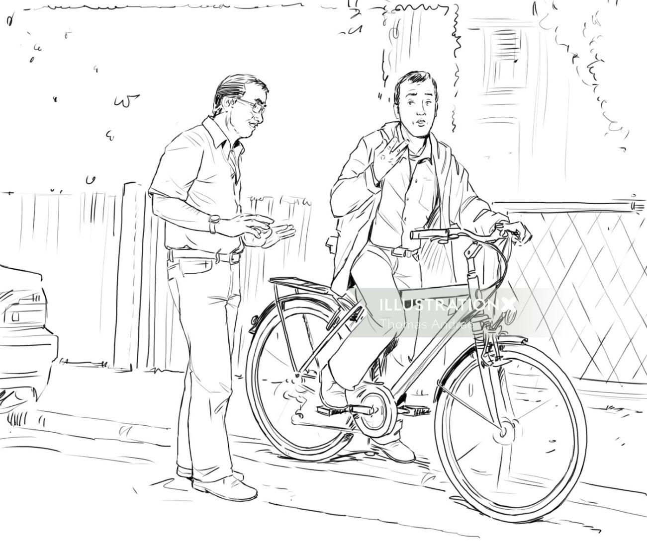 道路上の人々、自転車に座っている男
