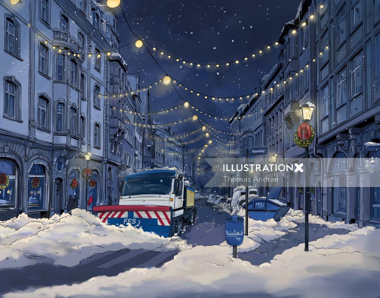 夜にライトで飾られた通り、道路の雪をきれいにする大きな車