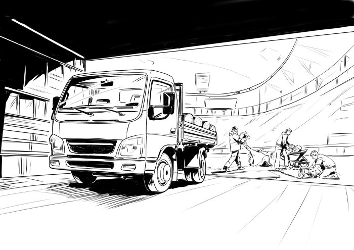 Heavy truck travelling under bridge, Line art of vehichle