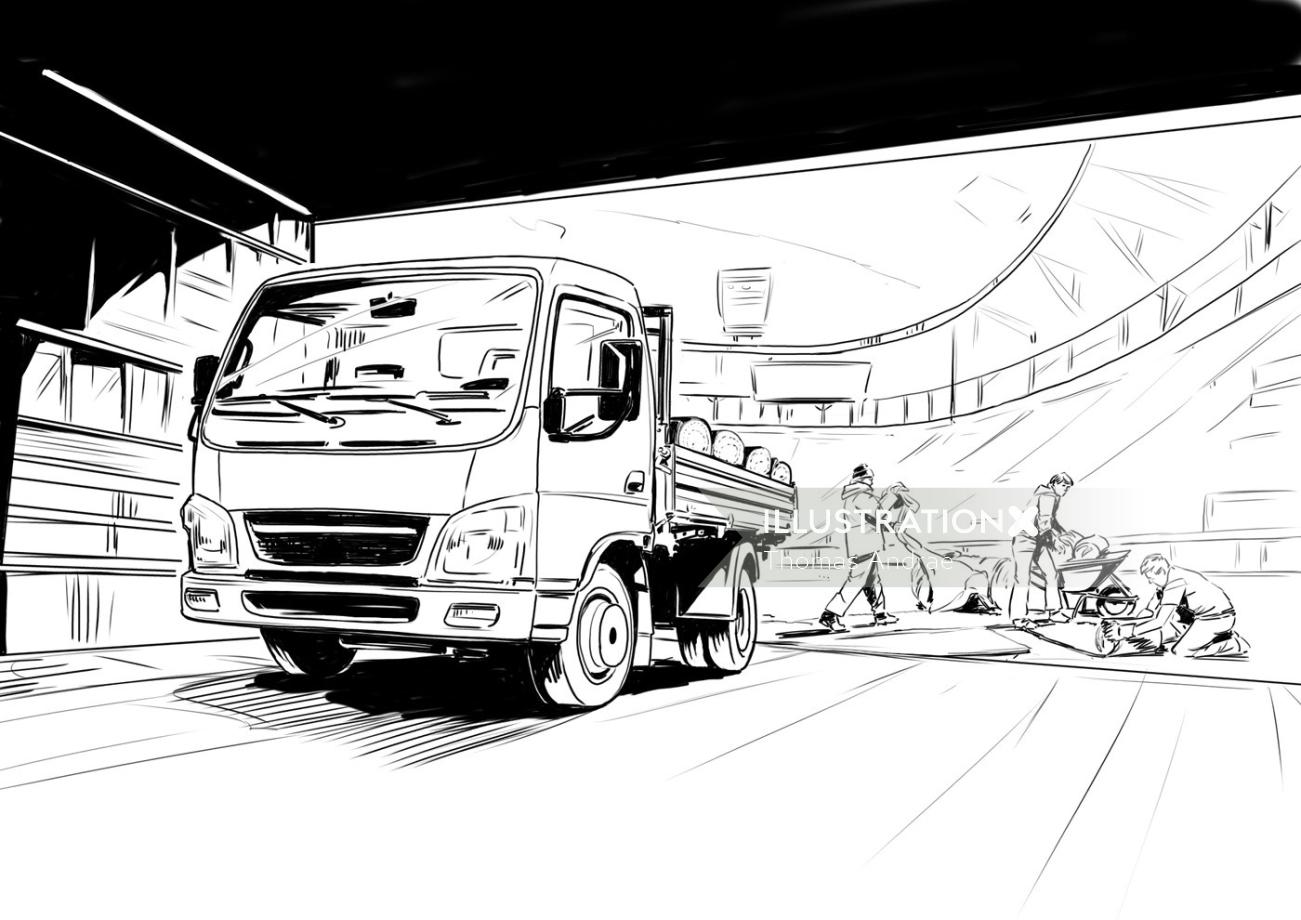 橋の下を走る大型トラック、vehichleの線画