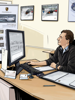 コンピューターの前に座って机で仕事をしている男性