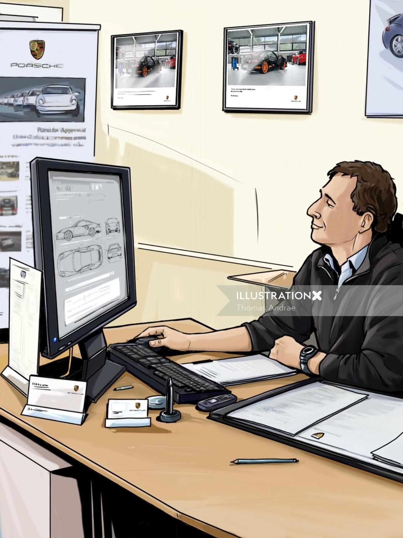コンピューターの前に座って机の上で働く男