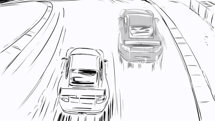 Line drawing of Cars racing on track