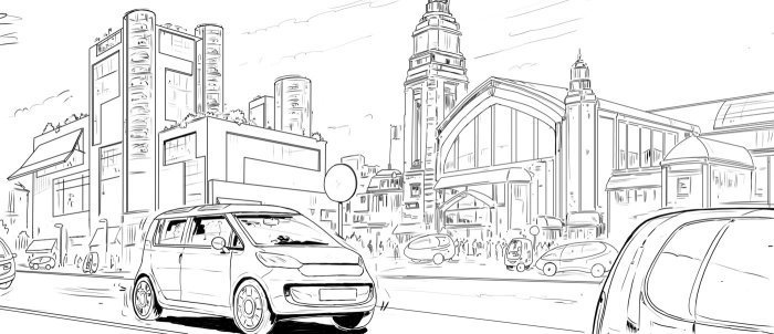 Line drawing of a street view building and car