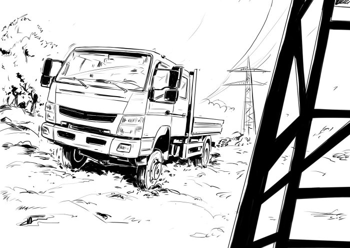 heavy truck beside high power lines