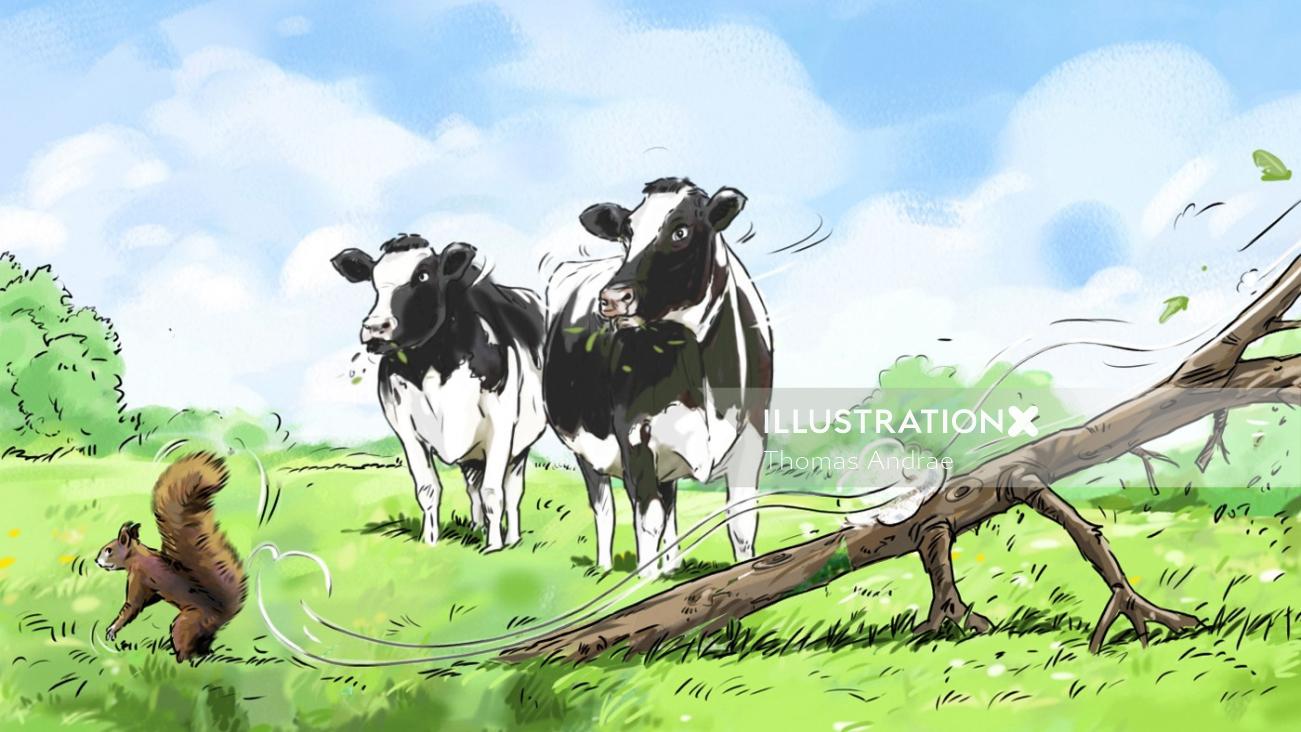 野原で放牧している牛のイラスト