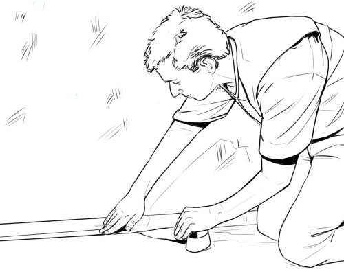 Line drawing of a person taping a package
