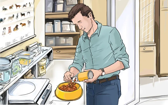 Sketch of a man preparing dog food
