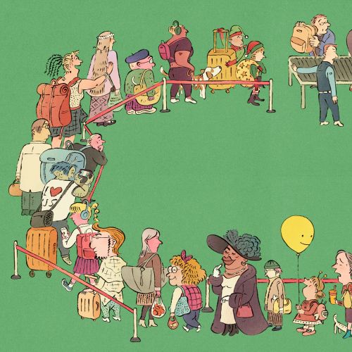 Illustration of diverse passengers and their unique belongings by Tianyi You