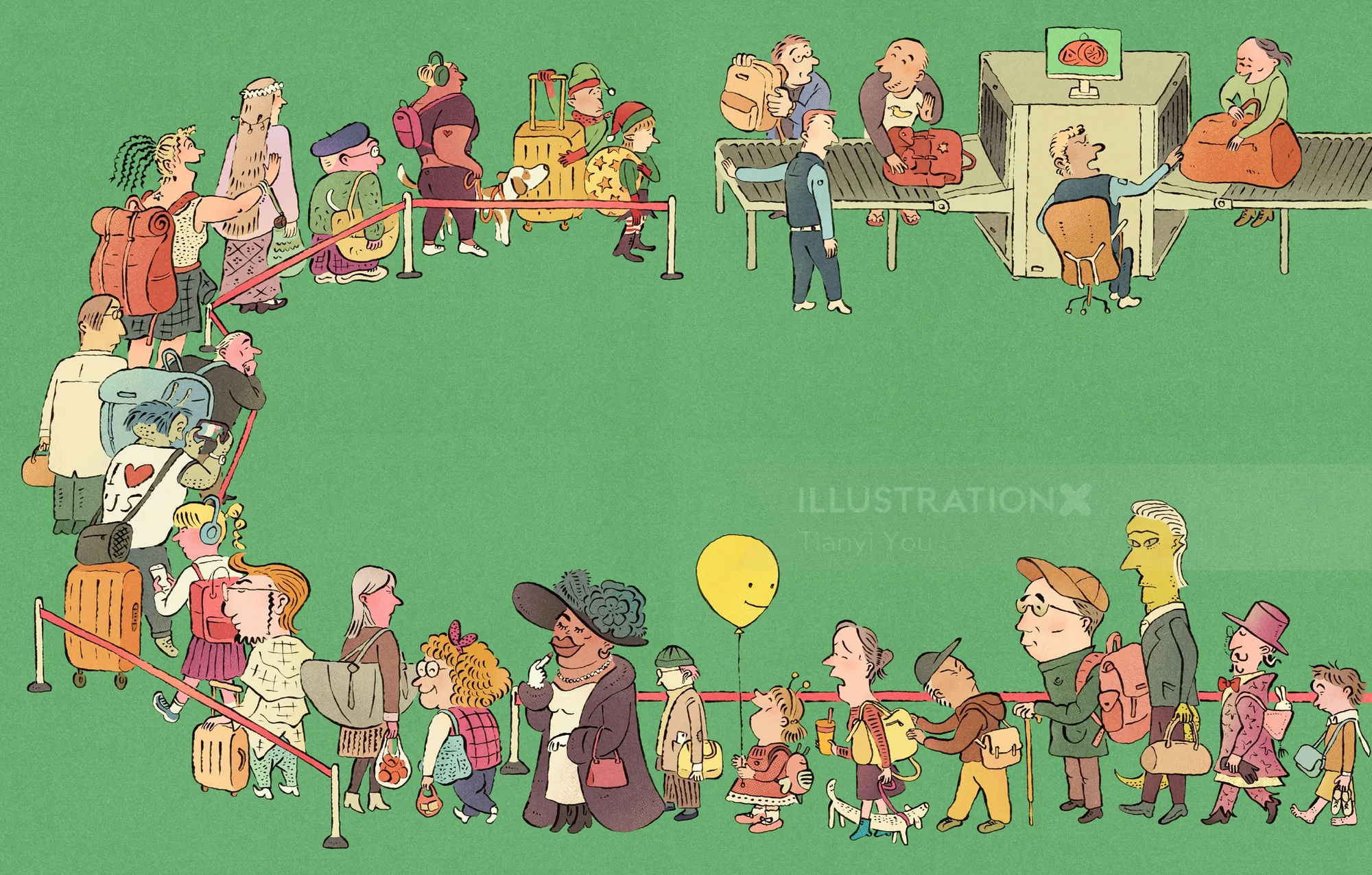 Illustration of diverse passengers and their unique belongings by Tianyi You