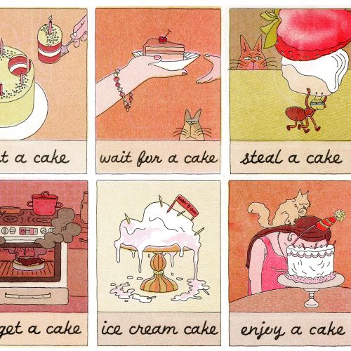 Six cake-themed illustrated panels from Piece of Cake