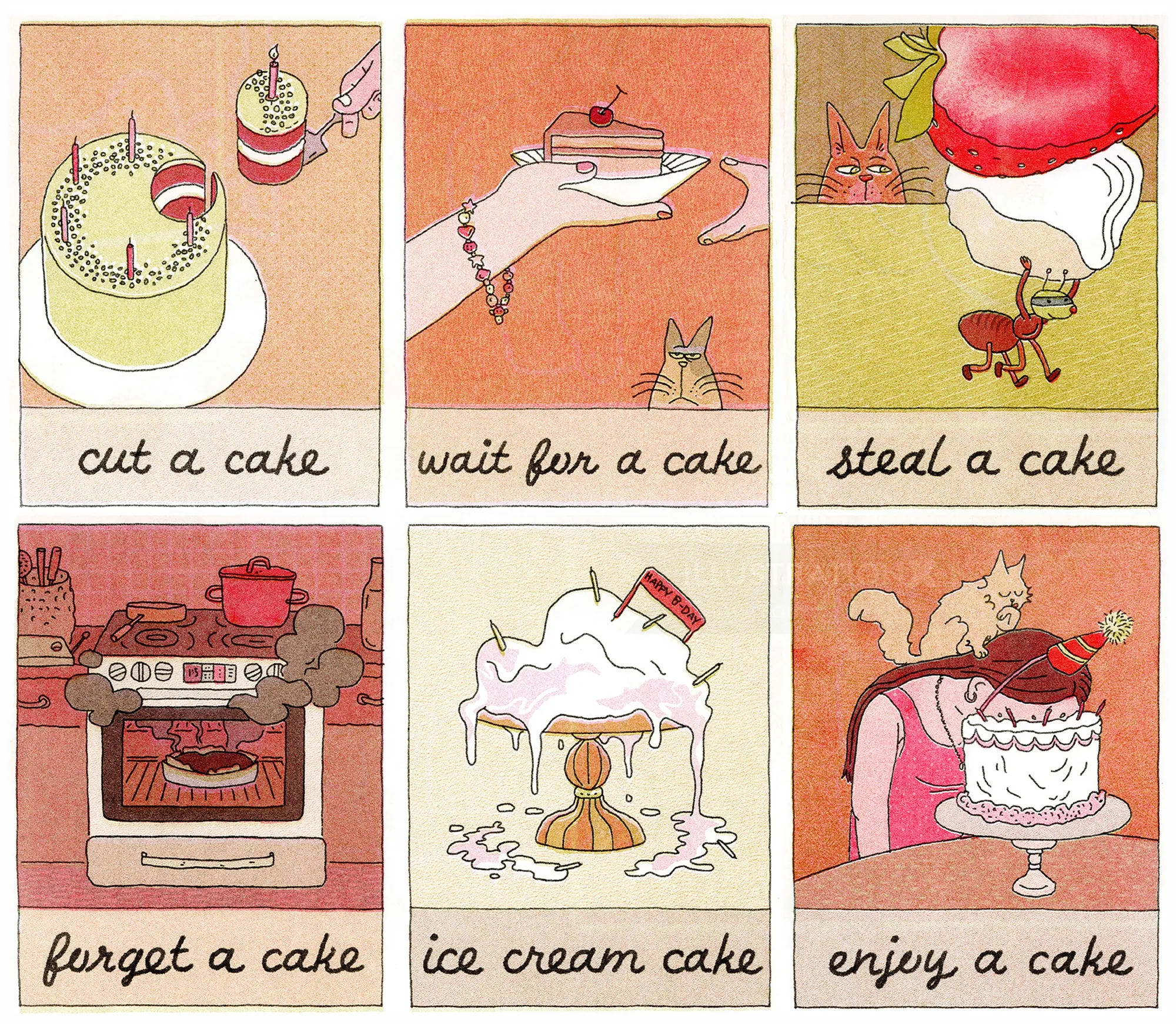 Six cake-themed illustrated panels from Piece of Cake